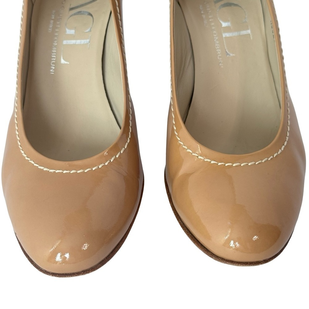 AGL Tan Patent Leather Pumps Heels Round Toe White Contrast Stitching Size 40.5 - Picture 3 of 12